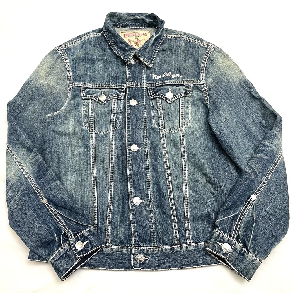 True Religion Jimmy Denim Trucker Jacket L Embroidered Thick Stitch Flap Pockets